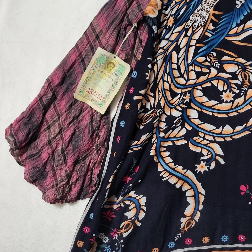 Aratta Shirt Womens Large Pink Plaid Bird Floral Boho Tunic Bell Sleeve Top - Picture 4 of 14